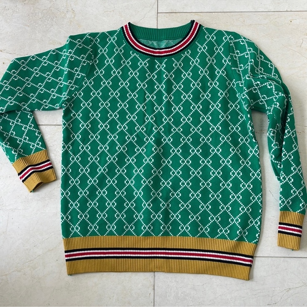 Green Patterned Crew Neck Sweater - image 2